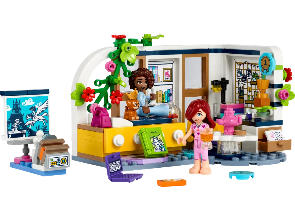 Aliya's Room LEGO Friends set with Aliya on her bed and Paisley standing nearby.