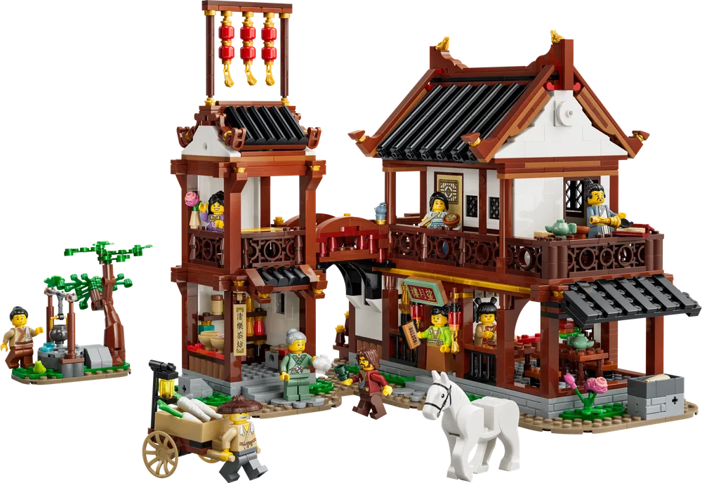 A detailed front view of the LEGO Ancient Moon-Gazing Inn set 80121, showcasing its two-story traditional Chinese architecture, connected by a bridge, with several minifigures and a white horse, and a separate well scene.