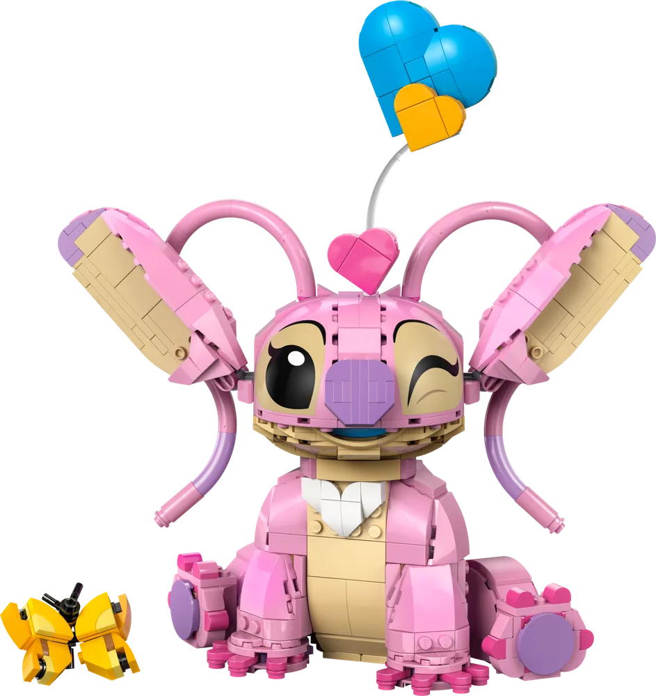 A bright pink LEGO build of Angel from Lilo & Stitch, winking, with large ears and a small yellow butterfly.