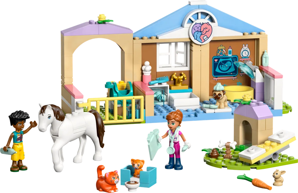 Full LEGO Friends Animal Vet Clinic set with figures, animals, and accessories.