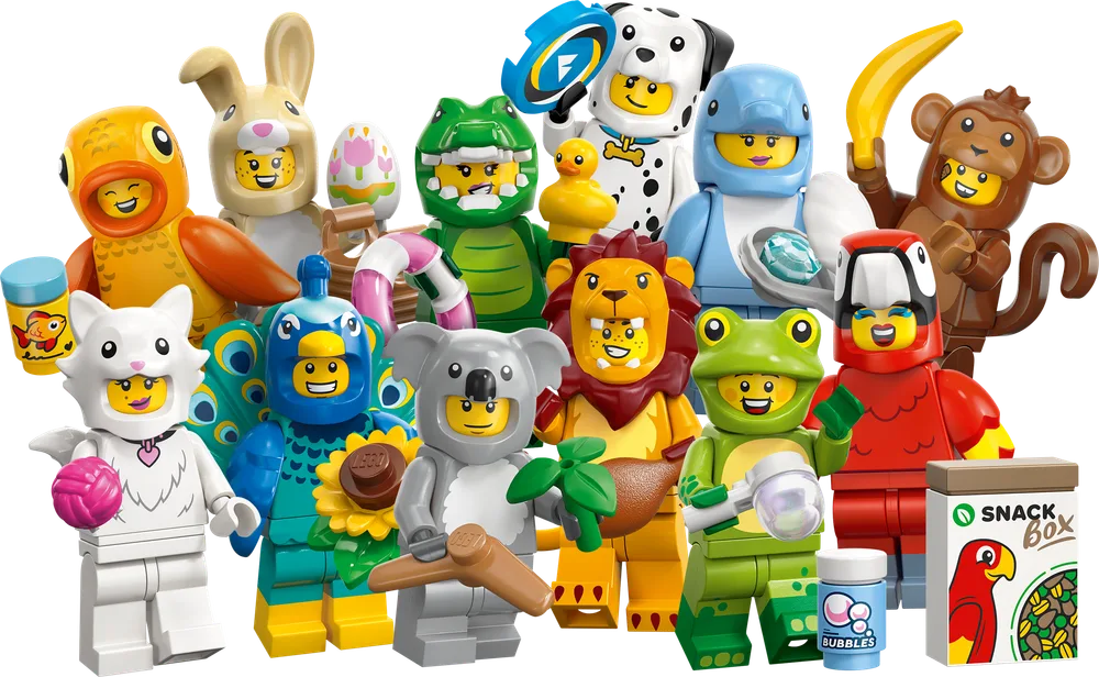 A diverse group of LEGO Minifigures from Series 28, each dressed in an animal costume, including a peacock, cat, koala, lion, frog, bunny, dolphin, Dalmatian, crocodile, duck, parrot, and monkey.