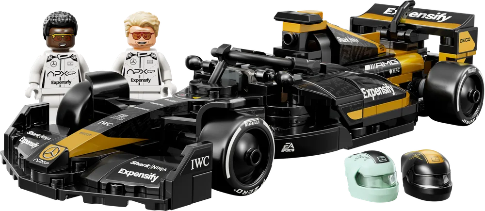 The assembled LEGO Speed Champions APXGP Team Race Car from the F1® Movie, with two minifigure drivers and two interchangeable helmets.