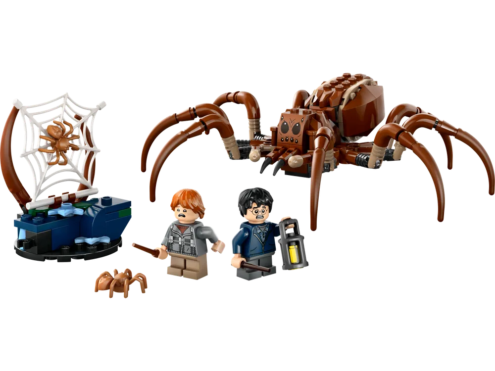 A LEGO Aragog with Harry Potter and Ron Weasley minifigures, accompanied by smaller spiders and a web-entangled scene.