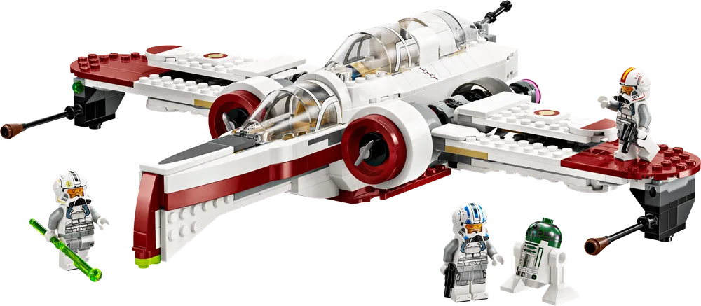 A LEGO Star Wars ARC-170 Starfighter™ with three Clone Pilots and an astromech droid.