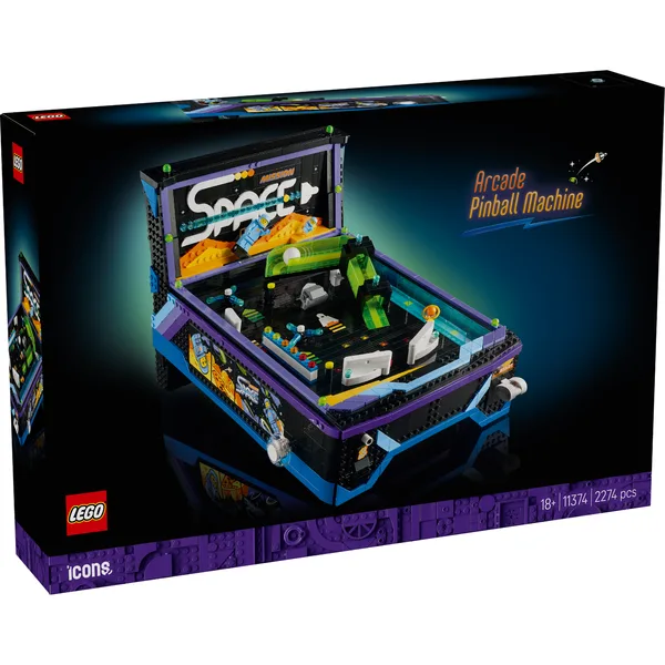 Front view of the LEGO Icons Arcade Pinball Machine (11374) box, showcasing the built model with its 'Space Mission' theme and vibrant colors.