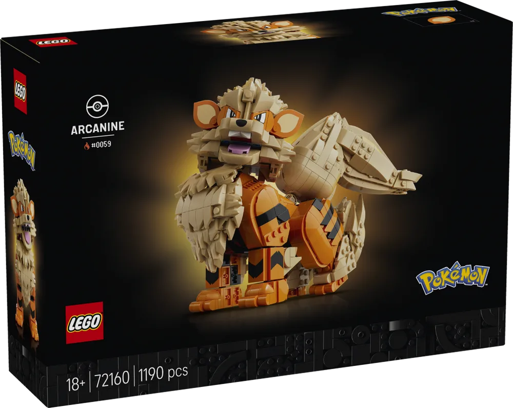 Front of the LEGO Arcanine (72160) box, featuring the built model against a dark background with orange glow, showing set number and piece count.