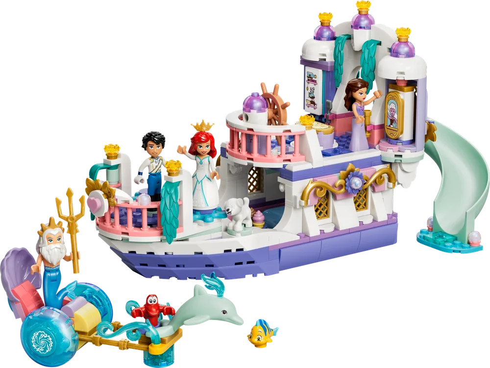 Full LEGO Disney Ariel's Royal Wedding Boat set (43299) featuring the main boat, King Triton's chariot, Ariel, Prince Eric, King Triton, Sebastian, Flounder, Max the dog, and another human minifigure.
