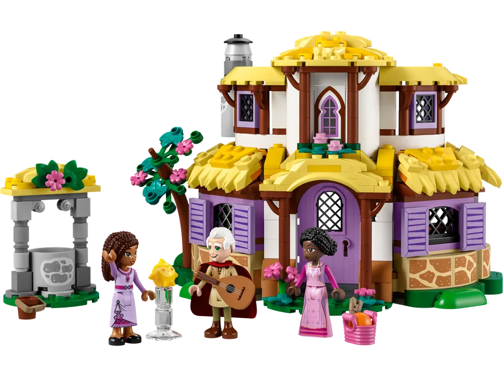 Full view of LEGO Disney Asha's Cottage, minifigures Asha, Sabino, Dahlia, and Star, and a water well.
