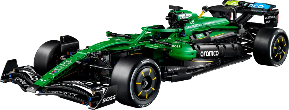 A high-angle, front-left view of the completed LEGO Technic Aston Martin Aramco AMR25 F1® car model, showcasing its vibrant green livery, detailed front wing, and large slick tires on a white background.