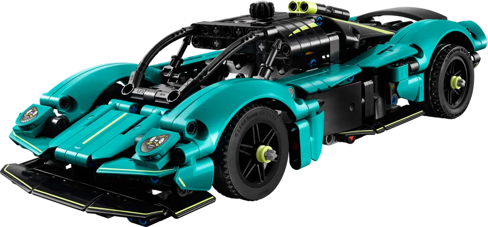 Front three-quarter view of the LEGO Technic Aston Martin Valkyrie (42208) model, showcasing its teal color and sleek aerodynamic design.
