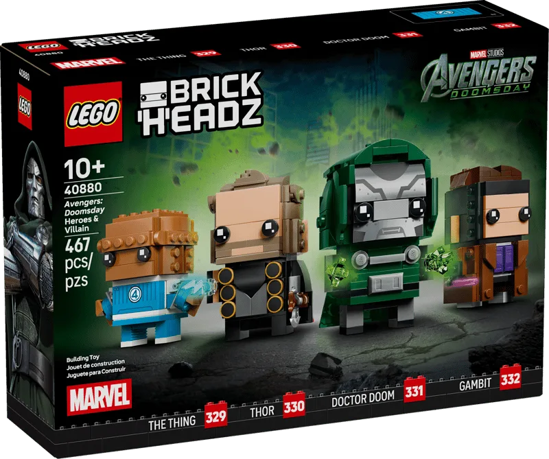 Front of the LEGO BrickHeadz 40880 box showing Gambit, Thor, The Thing, and Doctor Doom against a green background.