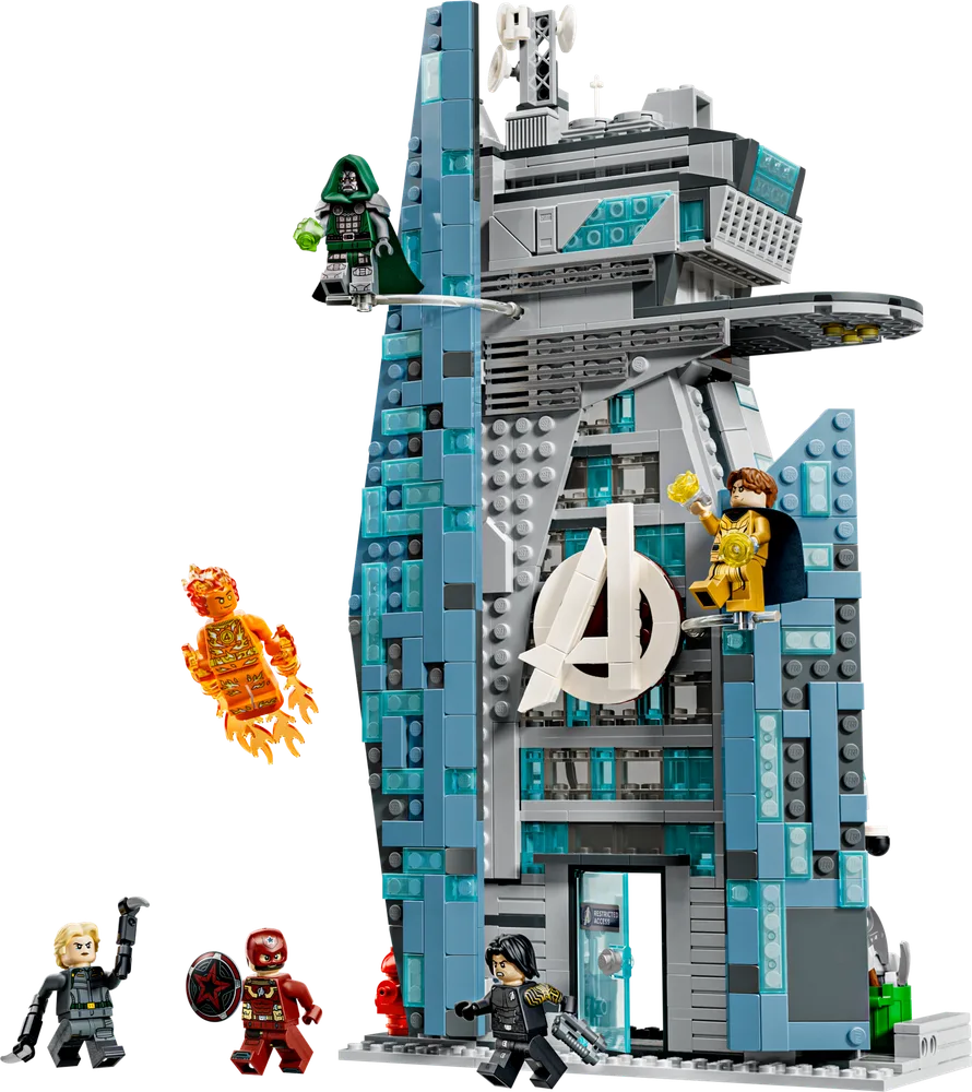 LEGO Marvel Avengers Tower under attack by Doctor Doom and Human Torch, with Scarlet Witch, Taskmaster, and War Machine ready to defend.