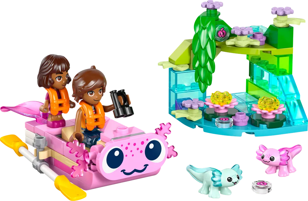 Two LEGO Friends minifigures, Léo and Opal, paddle an adorable pink axolotl-themed boat towards a small green and aqua grotto. Two axolotl figures, a blue one and a pink one, are also shown. The grotto features trans-clear bricks for water, green foliage, and yellow flower elements.