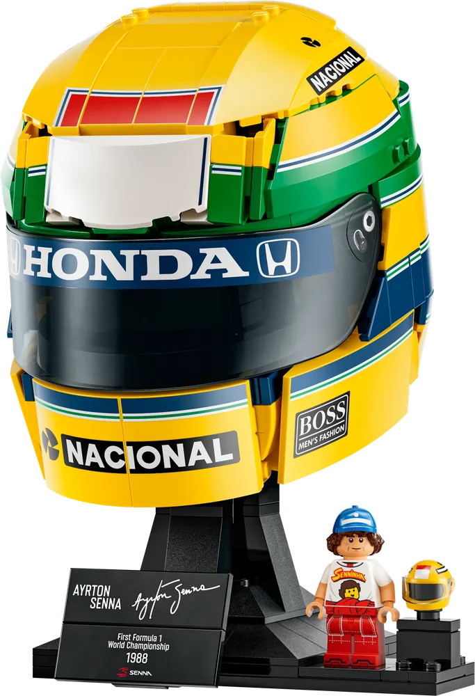 Front-angled view of the LEGO Ayrton Senna Helmet, minifigure, and mini helmet.
