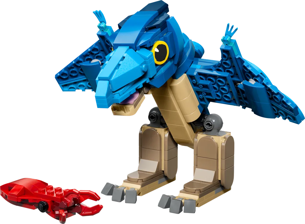 A LEGO Pteranodon in blue and tan standing with a small red LEGO crab on a white background.