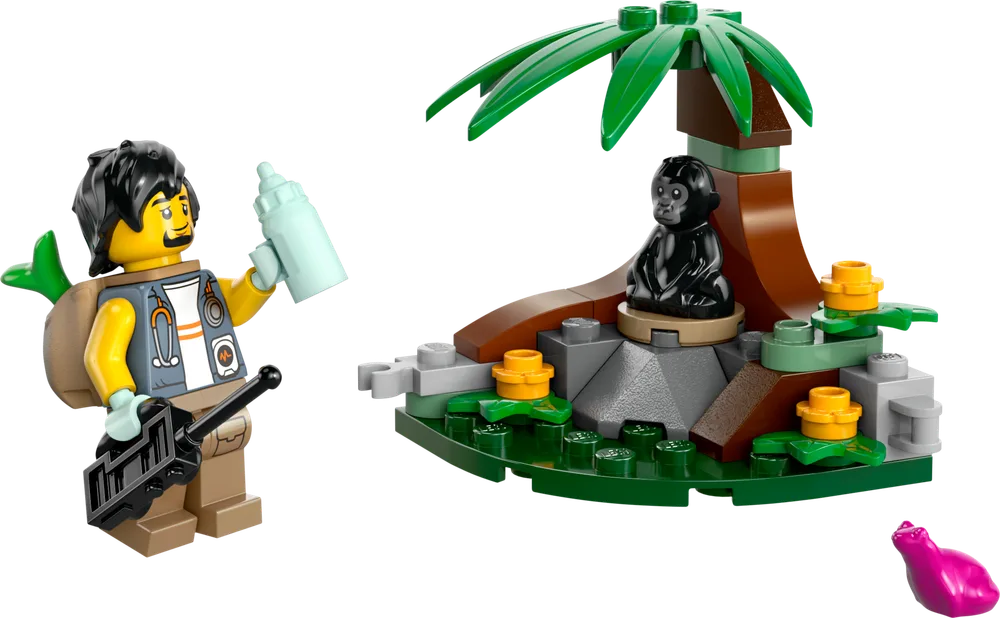 LEGO City Baby Gorilla Encounter polybag set with a minifigure holding a baby bottle and a small jungle build with a baby gorilla.