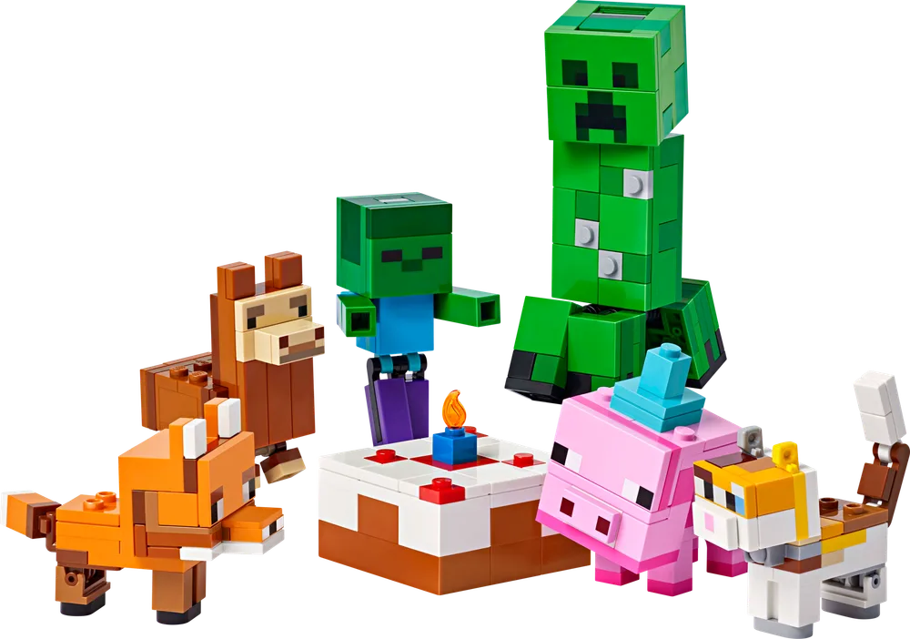 LEGO Minecraft Baby Pig's Birthday with Creeper, Zombie, Fox, Cat, Llama, and a birthday cake.