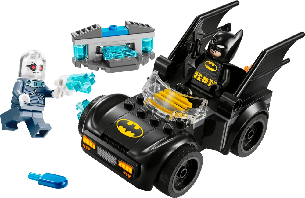 Batman in a black Batmobile confronting Mr. Freeze, who is holding an ice blast weapon.