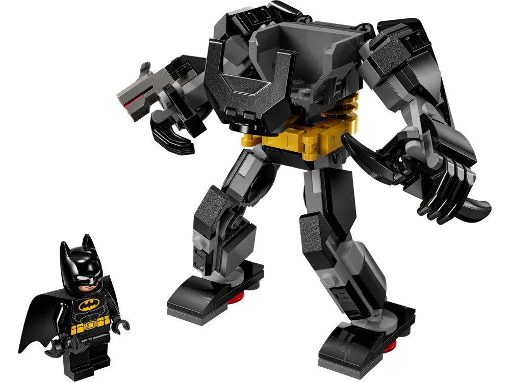 LEGO Batman Mech Armor (76270) with Batman minifigure standing next to it, against a white background.