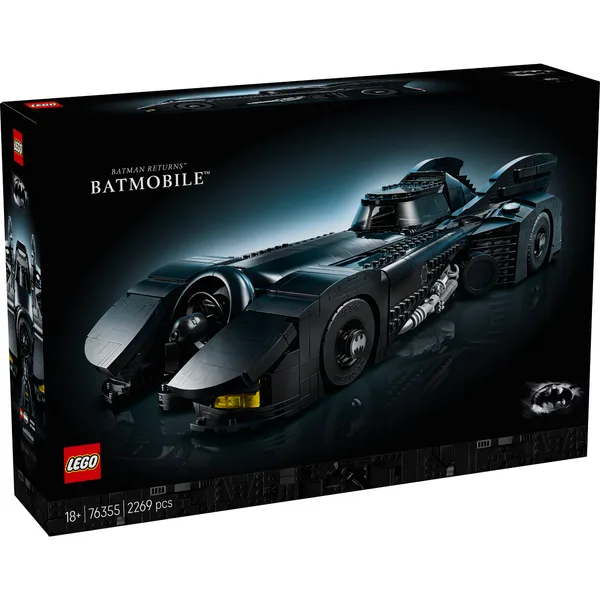 The box for the LEGO Batman Returns Batmobile (76355) set, featuring the sleek black vehicle against a dark, dramatic background.