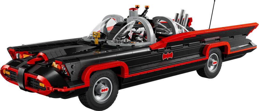 The Classic TV Series Batmobile, a sleek black car with bold red trim and dual bubble canopies, viewed from an angled front perspective.