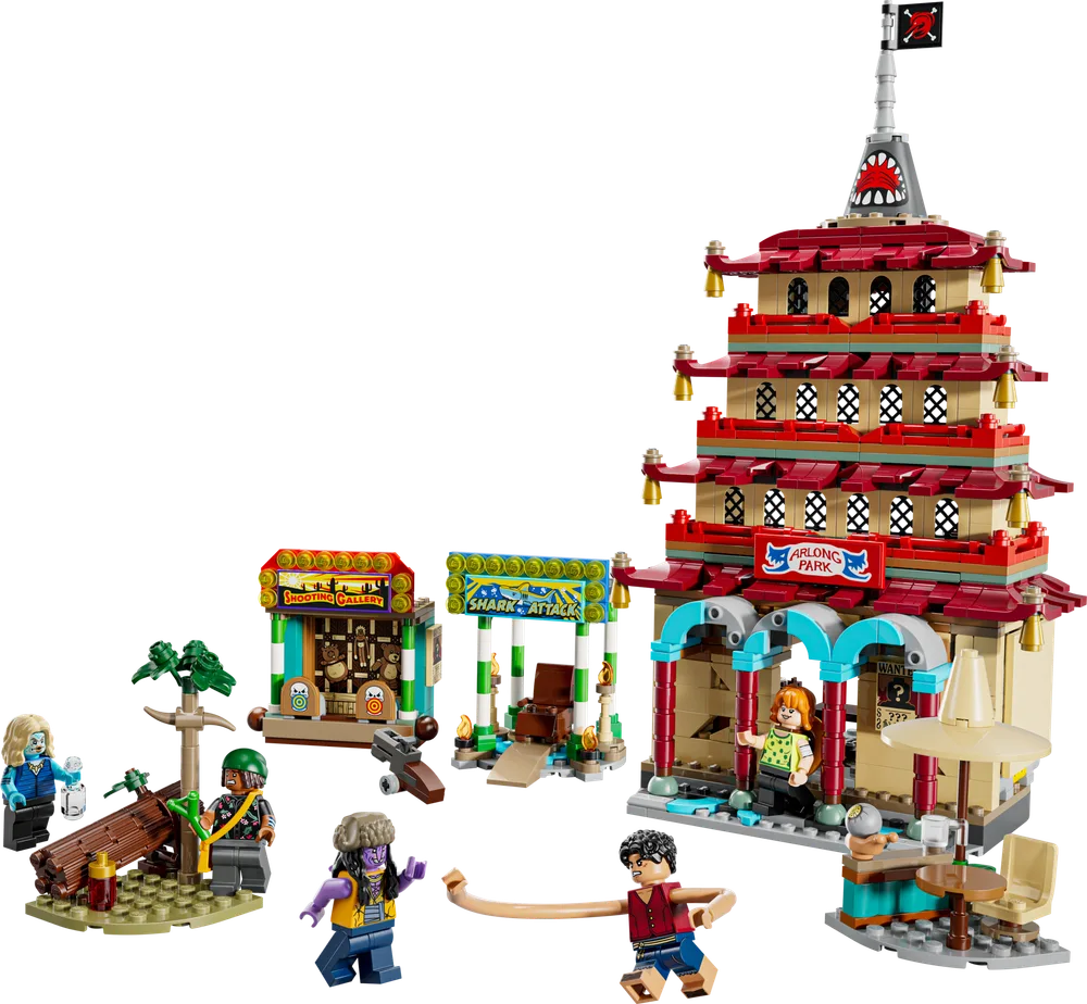 LEGO One Piece 75638 Battle at Arlong Park full set with minifigures and side builds.