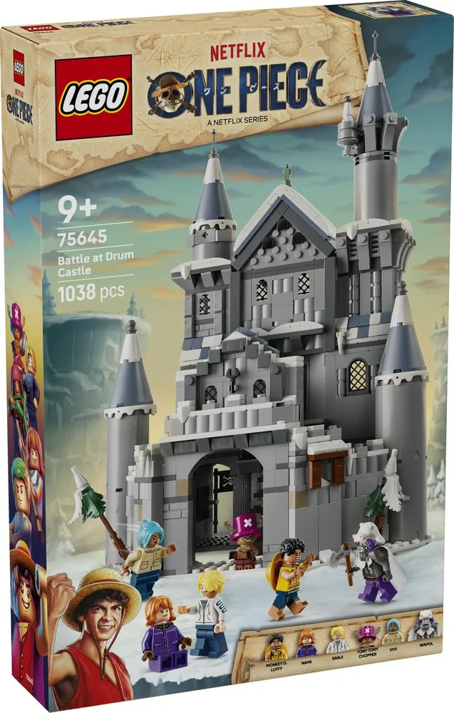 A LEGO box for 'Battle at Drum Castle' with an image of a gray castle and six minifigures (Luffy, Nami, Sanji, Tony Tony Chopper, Vivi, Wapol) in a snowy setting.