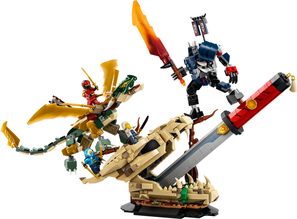 Lego Ninjago set 71871 Battle at the Dragon's Blade showing the Golden Dragon and Cinder's mech fighting on a large katana.