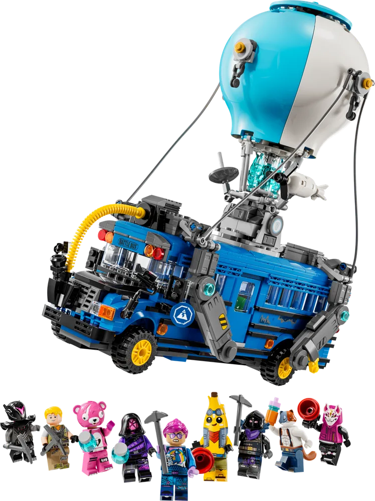 The LEGO Fortnite Battle Bus with its balloon and a lineup of minifigures.