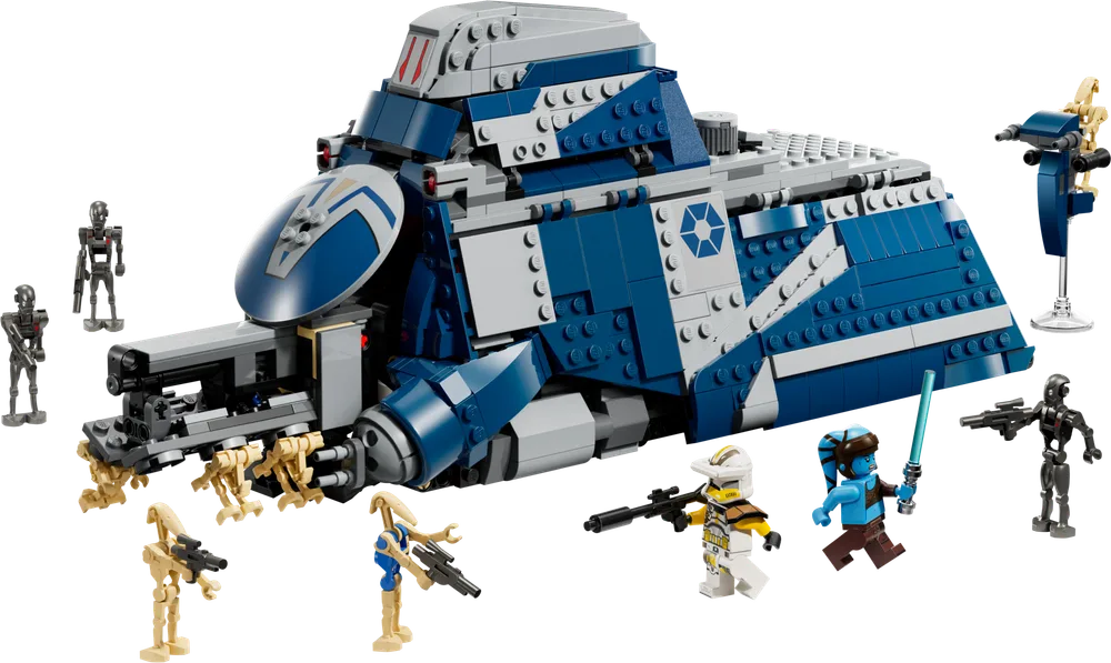 LEGO Star Wars Separatist MTT with Battle Droids, Super Battle Droids, Droidekas, Aayla Secura, and Clone Commander Bly.
