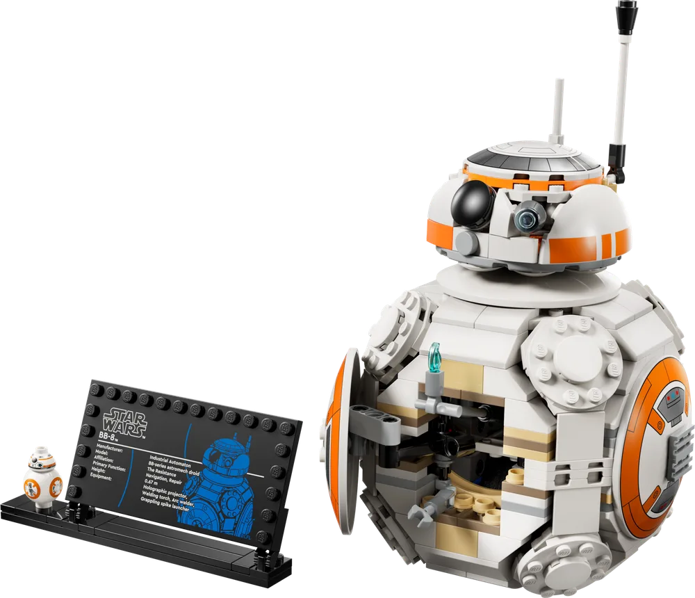 LEGO Star Wars BB-8 build with its side panel open, revealing internal mechanisms and tools, displayed next to a UCS-style info plaque and a mini BB-8 figure.