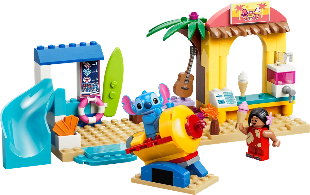 LEGO Disney Lilo & Stitch set 43280 showing Lilo giving Stitch an ice cream at a beach stand with a water slide.