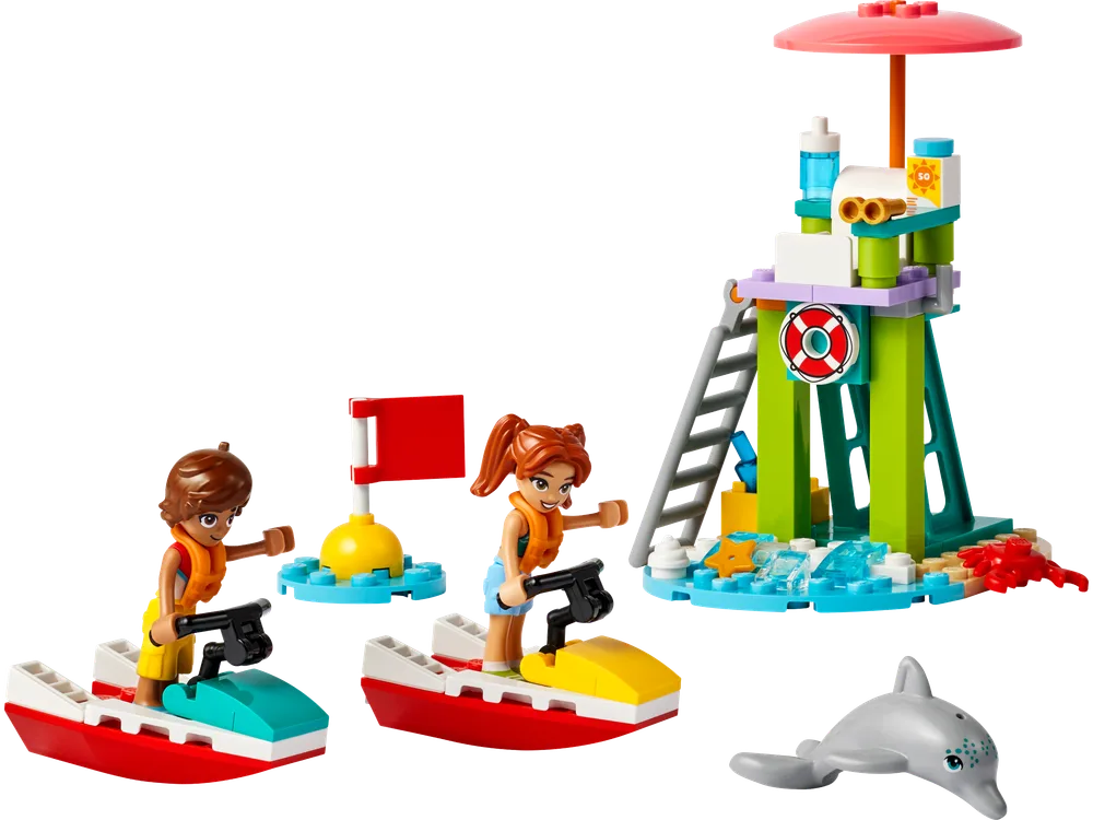 Two minifigures on water scooters and a lifeguard tower with a dolphin.