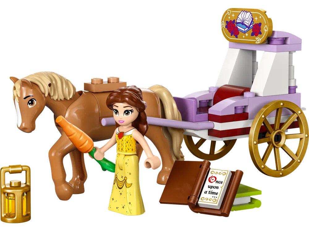 A LEGO Disney Belle minifigure in a yellow dress stands next to a brown horse pulling a lavender and white carriage with gold wheels, a golden lantern, a brown book, and a green carrot on a white background.