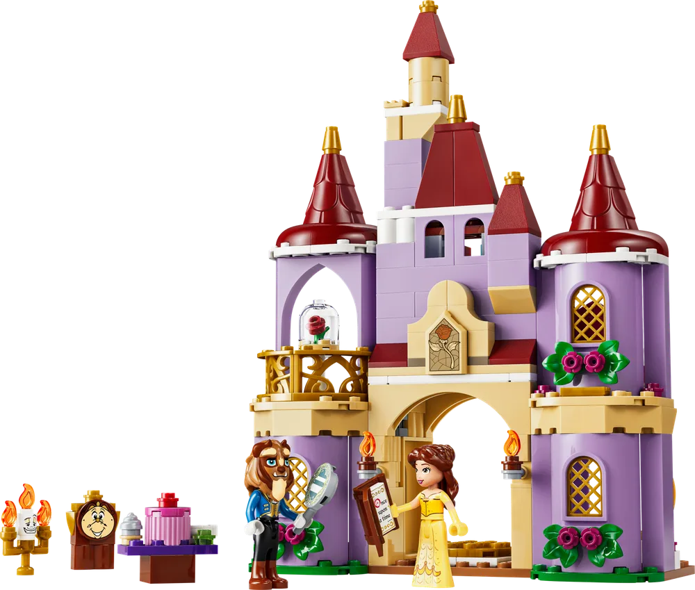 The LEGO Disney 43289 Belle and the Beast's Enchanted Castle set, fully assembled with minifigures and accessories, against a white background.