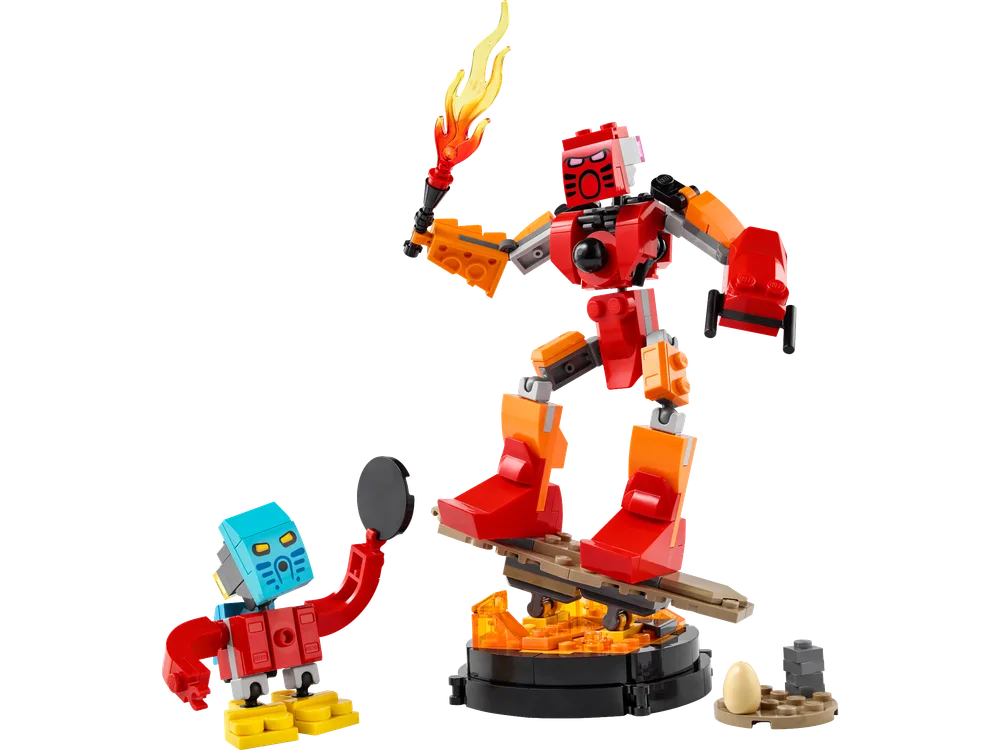LEGO BIONICLE Tahu, Master of Fire, surfing on a lava board with his flame sword, alongside Takua the Matoran with his Disc of Judgment.