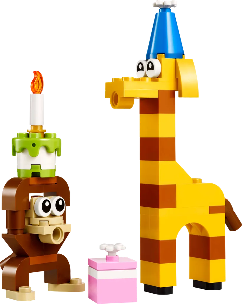 Close-up of the LEGO Creator 30689 Birthday Party Animals builds, showing a monkey with a cake, a giraffe with a party hat, and a small gift.
