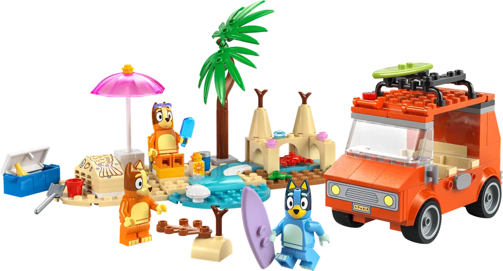 The complete LEGO Bluey's Beach & Family Car Trip set, featuring the orange family van, a sandy beach with a palm tree, umbrella, a tidal pool, and minifigures of Bluey, Bingo, and Chilli.