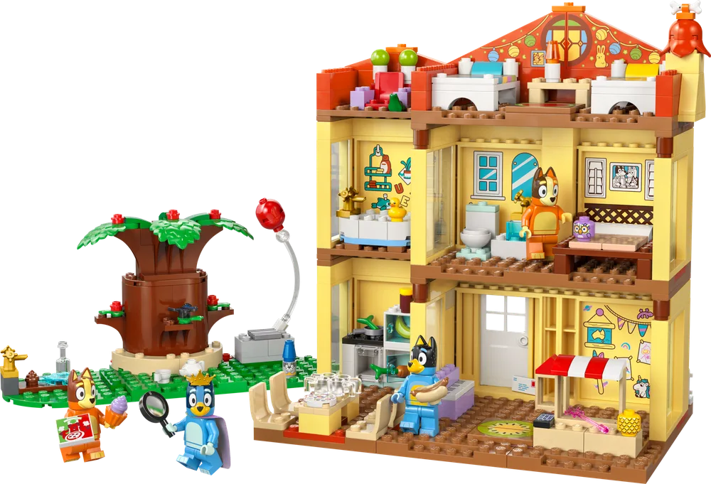 Full LEGO Bluey's Family House set with characters, tree, and house sections on a white background.