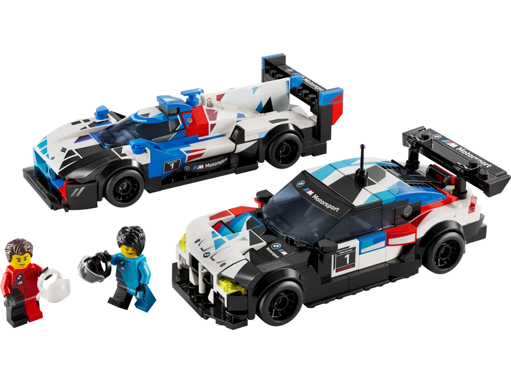 Two LEGO Speed Champions BMW race cars, the M4 GT3 and M Hybrid V8, shown with two minifigure drivers on a white background.