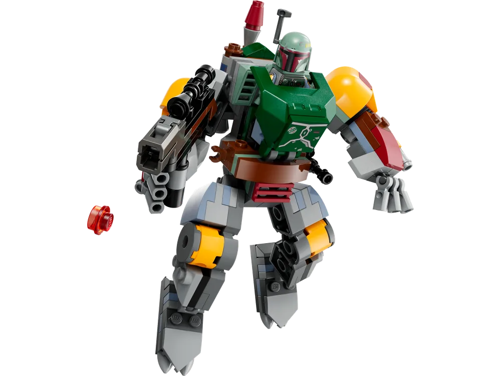 LEGO Star Wars 75369 Boba Fett Mech flying through the air, blaster extended, with a red stud projectile shown mid-flight.
