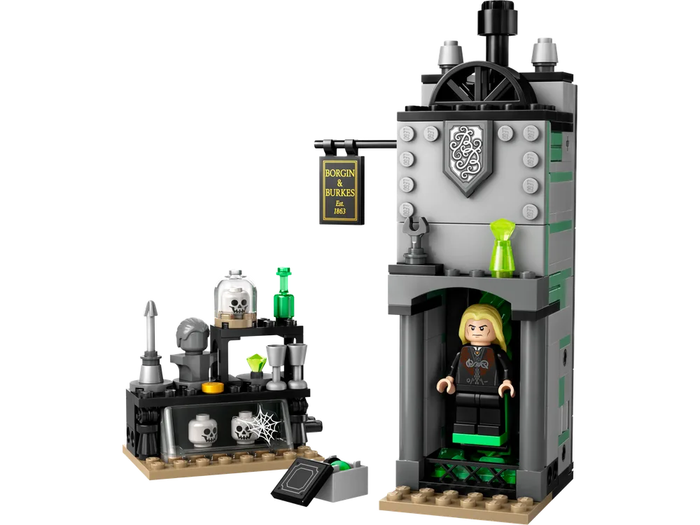 Full view of the LEGO Borgin and Burkes: Floo Network set, showing the modular shop entrance with Lucius Malfoy and a separate display counter.