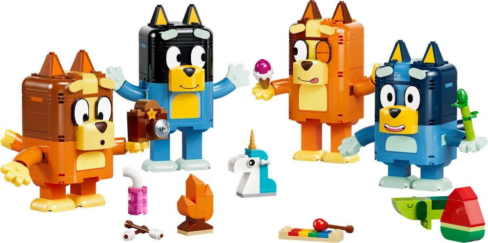 The complete LEGO Bluey family, including Bluey, Bingo, Bandit, and Chilli, along with various play accessories like a unicorn, campfire, and camera.