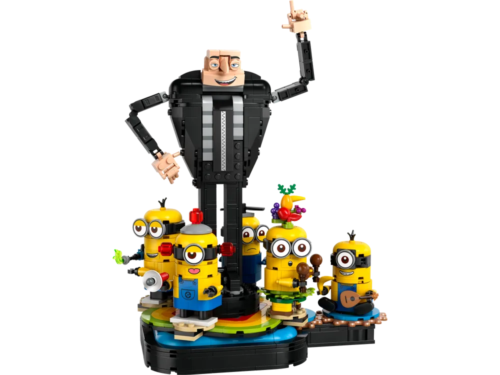 Full view of the LEGO Gru and Minions brick-built figures on a colorful display base, Gru pointing up.