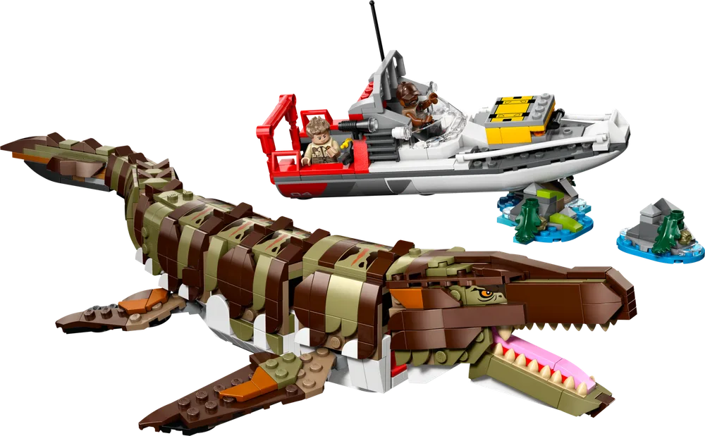 The LEGO Jurassic World 76974 Mosasaurus vs. Boat set, featuring a large brick-built Mosasaurus and a grey and red speed boat with two minifigures, Atwater and Leclerc, on a white background.