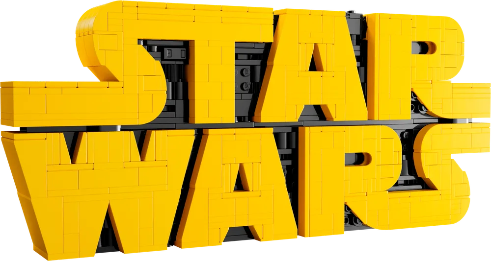 Front view of the brick-built LEGO Star Wars logo, featuring bold yellow letters against a black background, showcasing the iconic design with a robust construction.