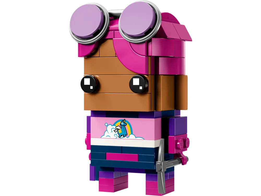 Close-up of the Brite Bomber BrickHeadz figure showing her magenta hair, tan face, and colorful shirt with a unicorn cloud design.