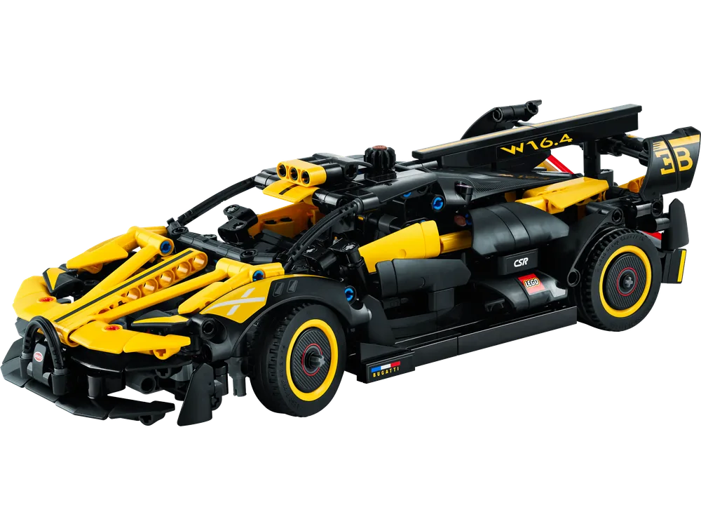 A detailed 3/4 front view of the built LEGO Technic Bugatti Bolide (42151) model, featuring black and yellow elements with intricate shaping.