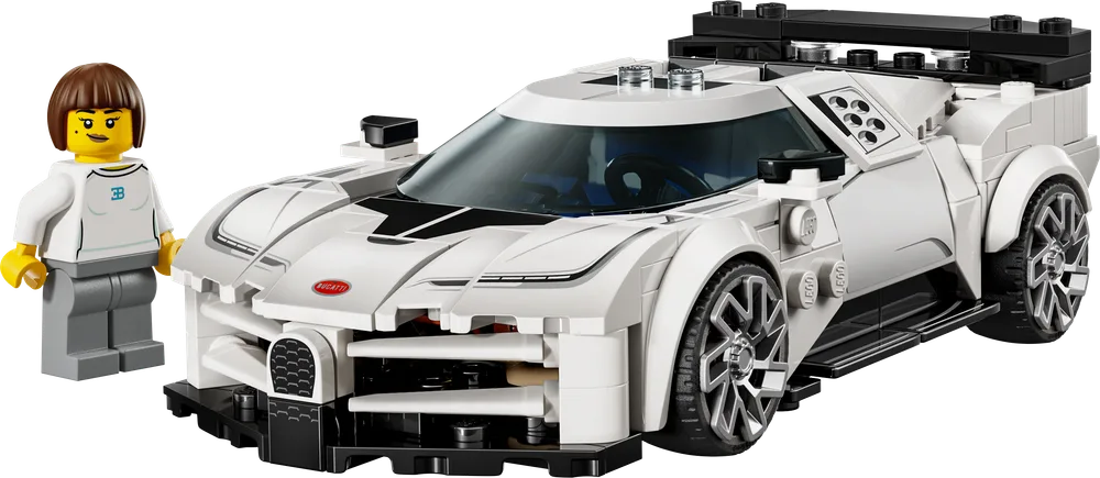Front three-quarter view of the white LEGO Speed Champions Bugatti Centodieci model next to its minifigure driver.