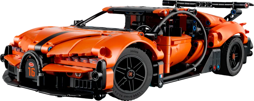 An angled front view of the LEGO Technic Bugatti Chiron Pur Sport, showcasing its orange body with black racing stripes and detailed front end against a white background.